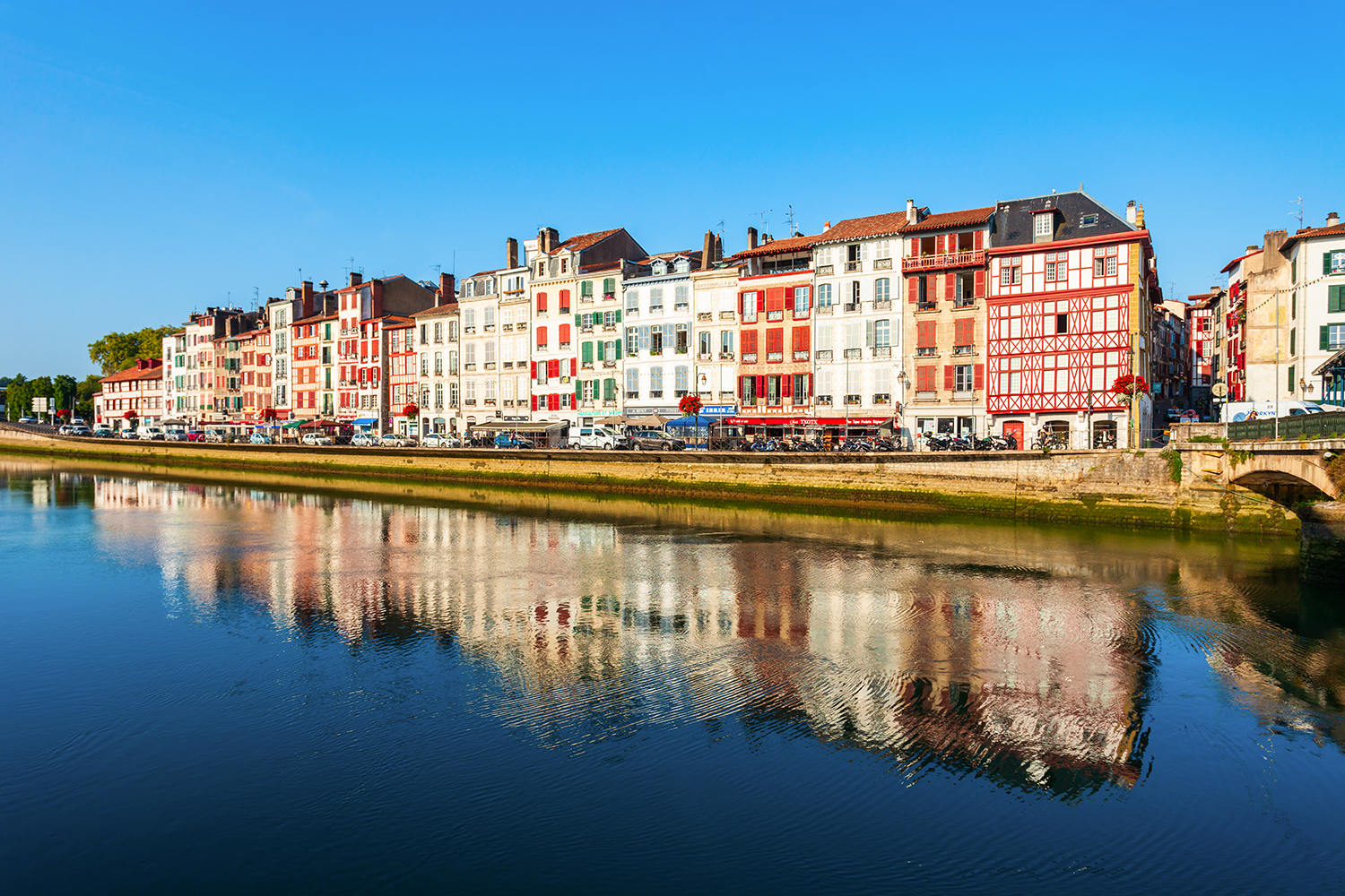 Colorful traditional Basque houses along the river in Bayonne France