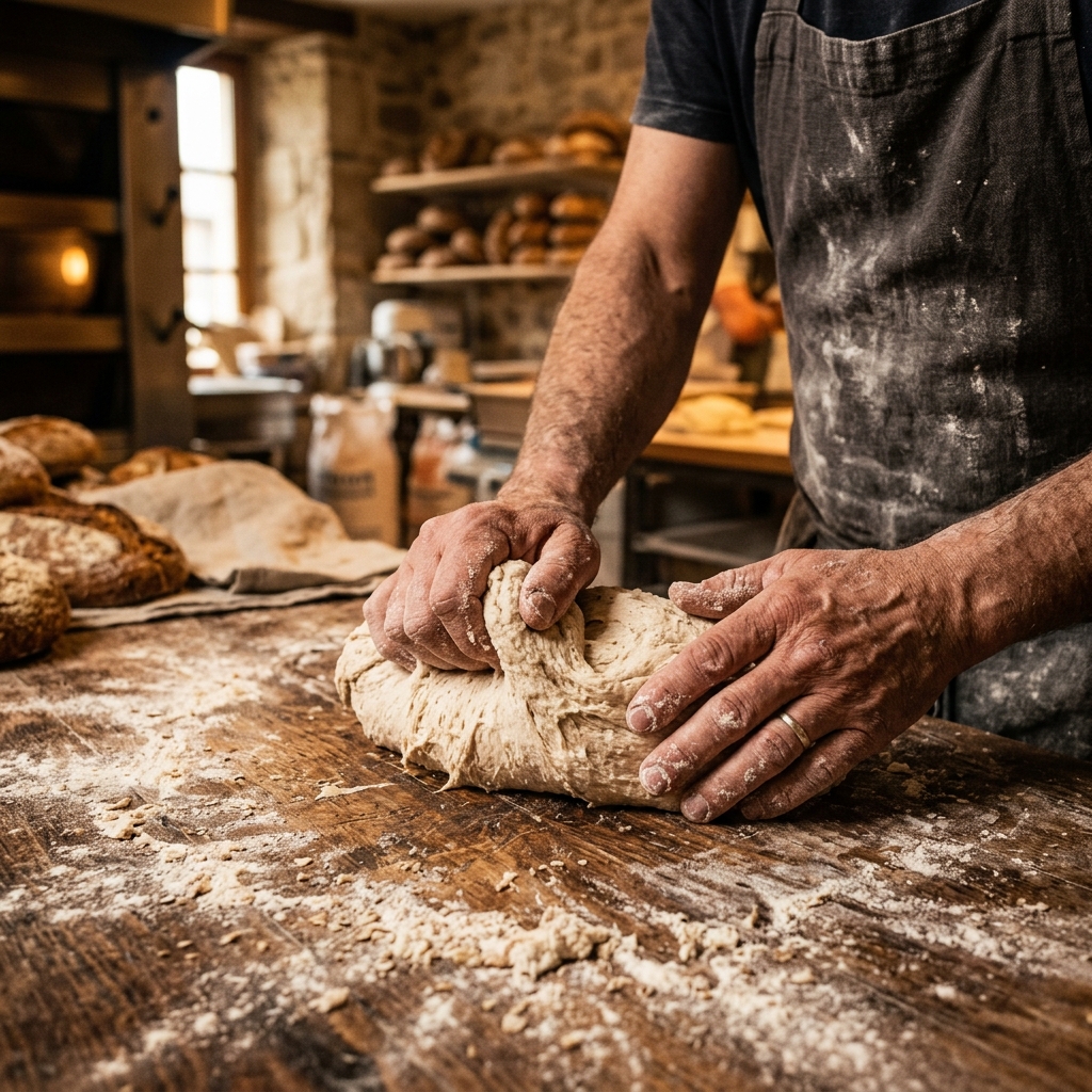 Les mains du boulanger pétrissant la pâte