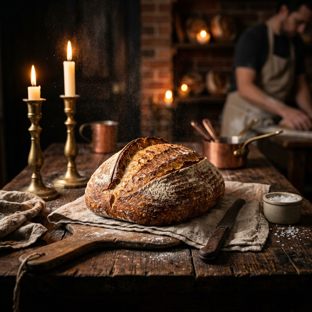 Pain artisanal sur table en bois dans la boulangerie La Mie Dorée
